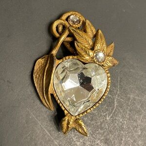 Gold Heart-Shaped Crystal Brooch